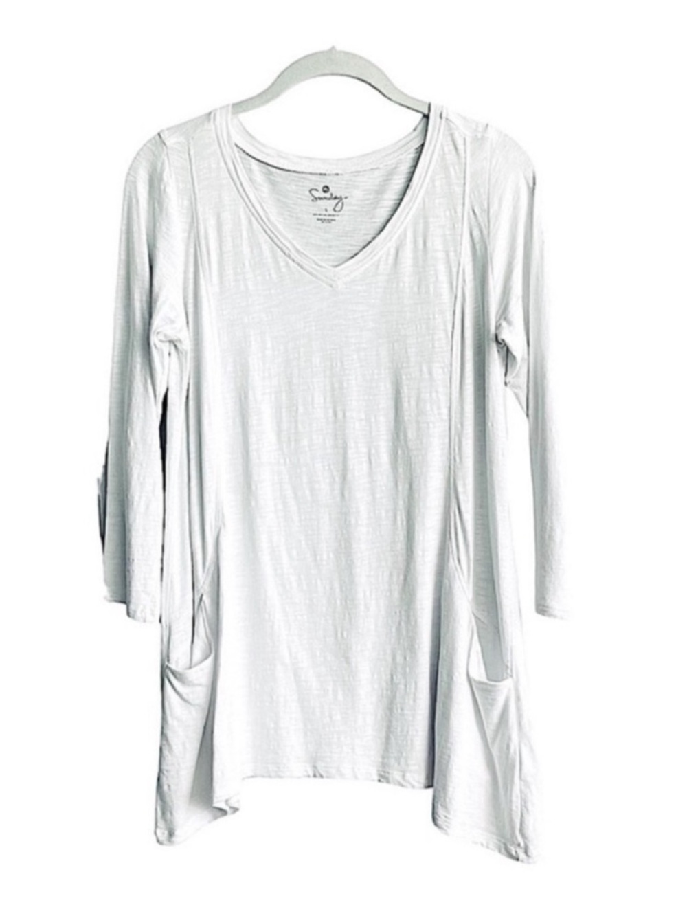 Sunday V-neck Tunic 3/4 Sleeve Asymmetrical Top Pockets White Size S